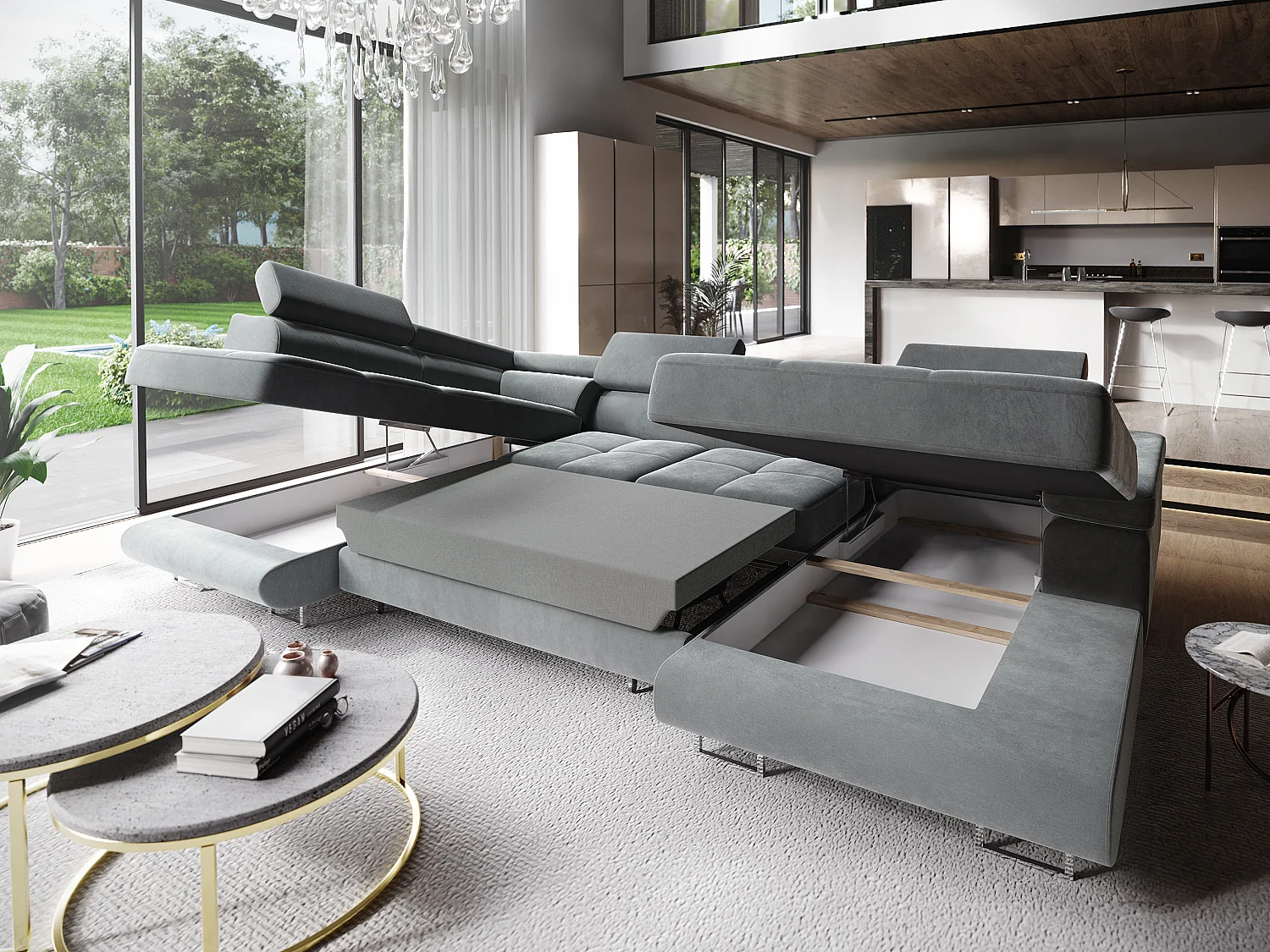 Hoekbank CASONE van fluweel met slaapfunctie Grau