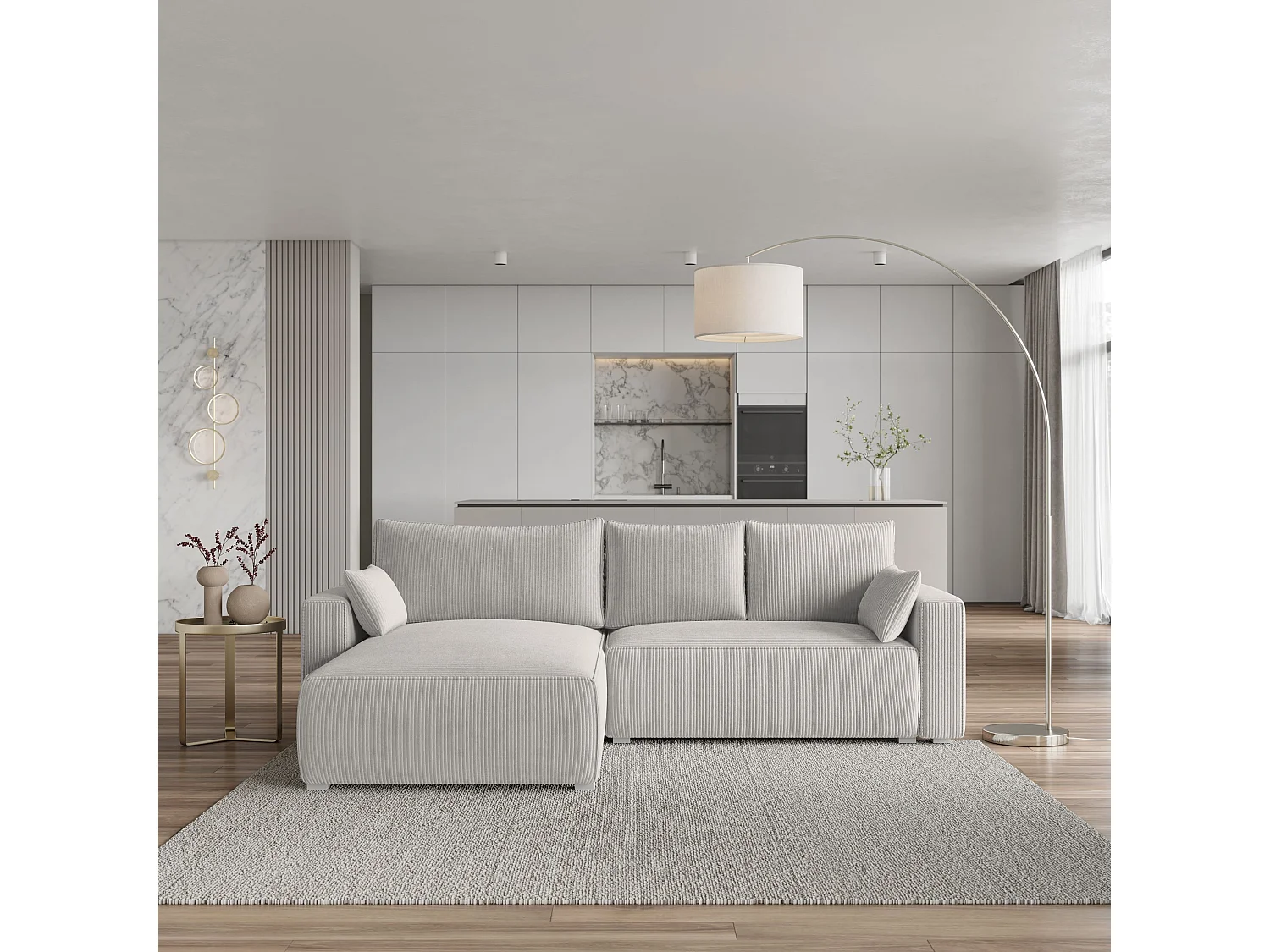 Canapé d'angle FORIL Crème en velours côtelé avec fonction de couchage