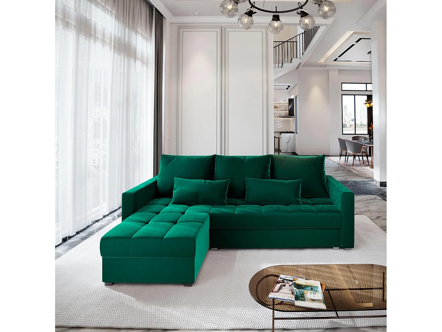 Canapé d'angle KOS PIK Vert Sapin en peluche avec fonction de couchage