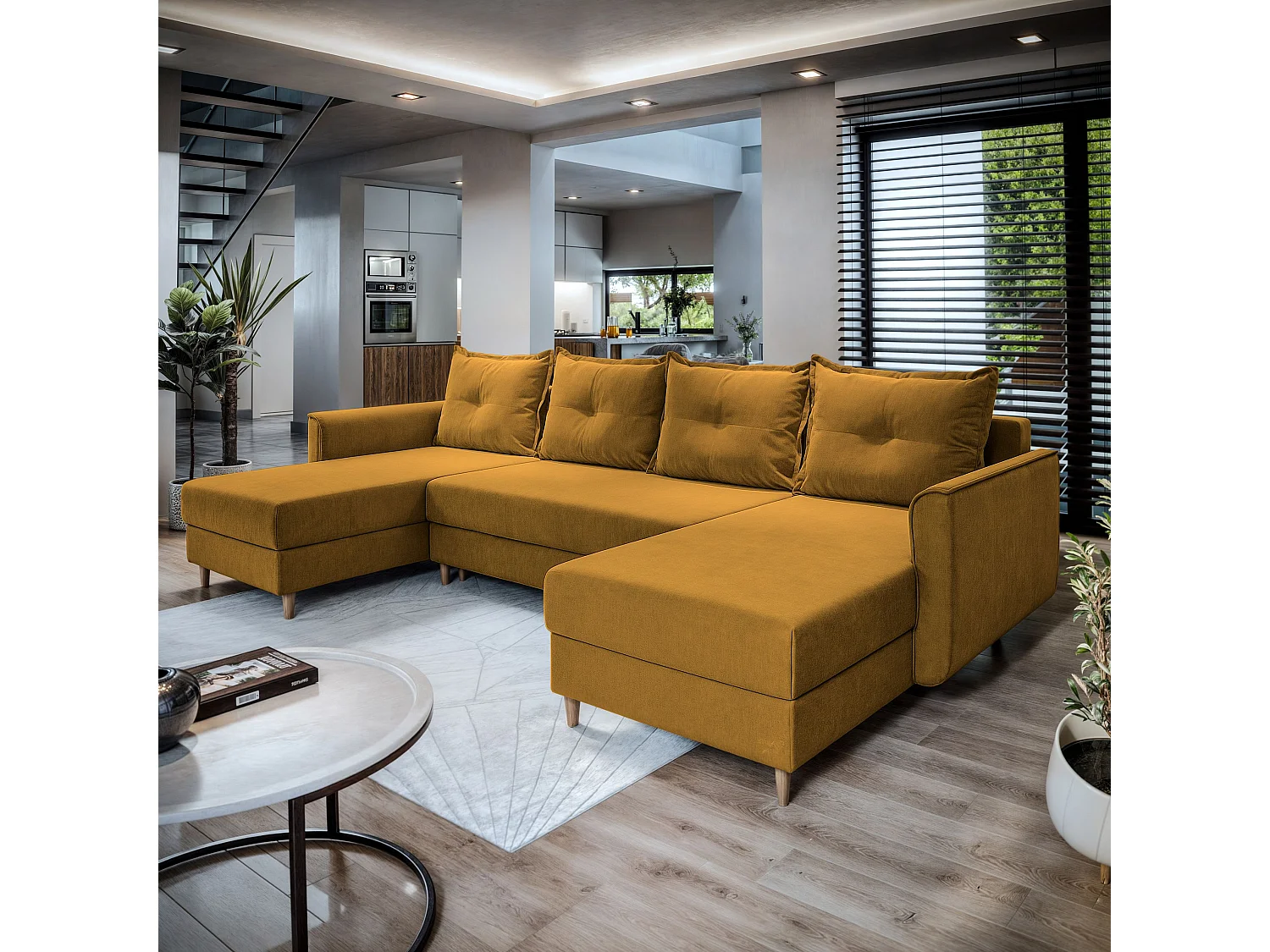 Canapé d'angle VERNI Jaune en peluche avec fonction de couchage