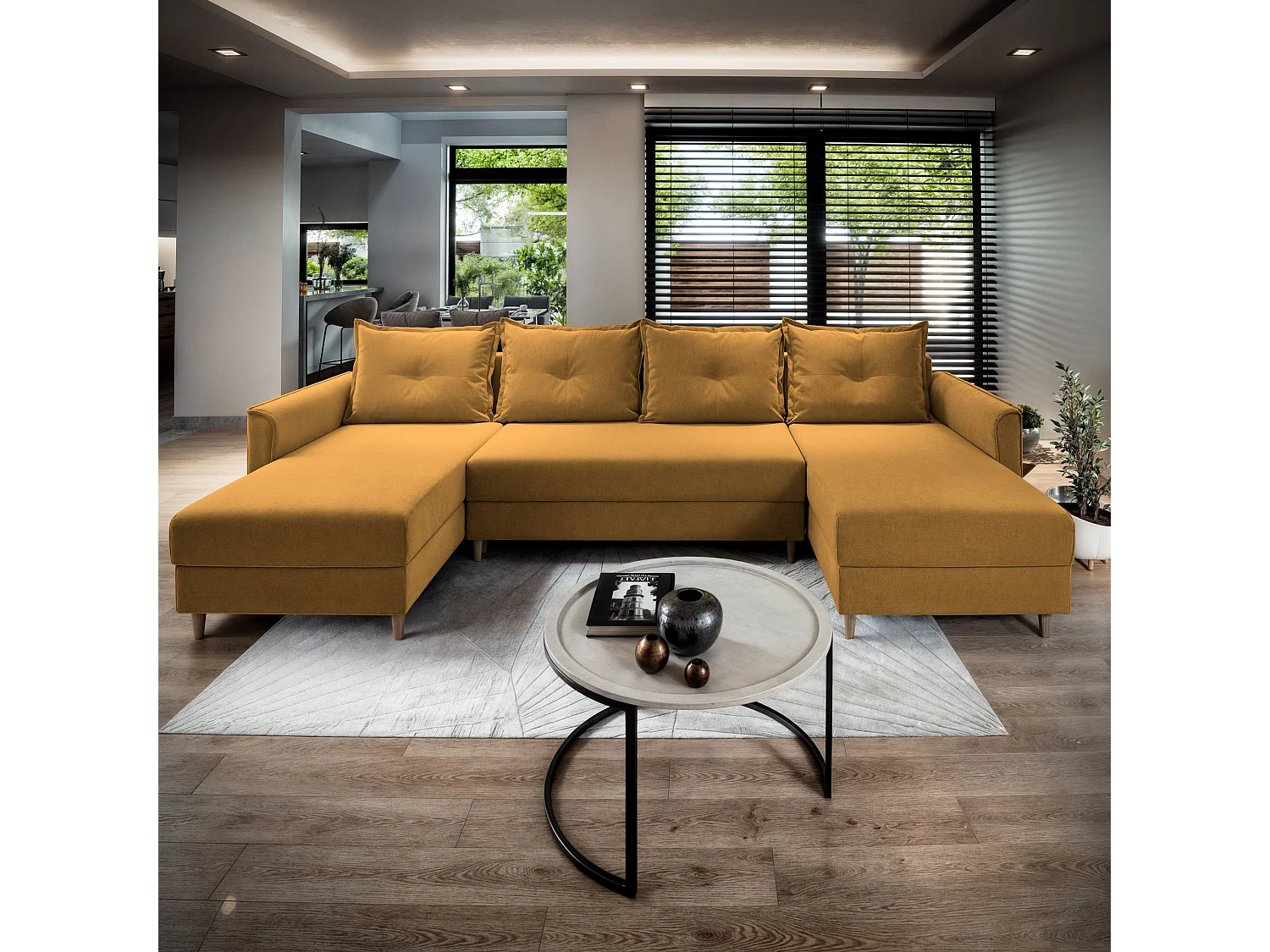 Canapé d'angle VERNI Jaune en peluche avec fonction de couchage