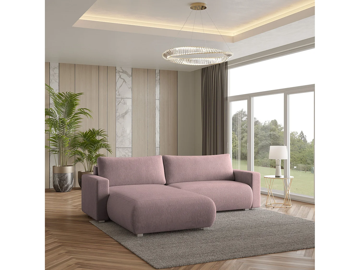 Canapé d'angle TURIN Parme en velours côtelé avec fonction de couchage