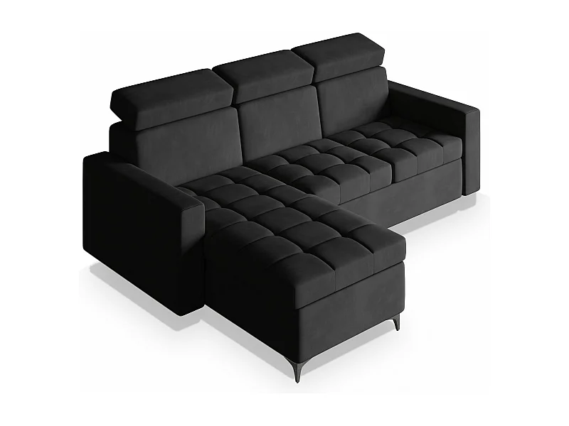 Canapé d'angle KAME Noir en peluche avec fonction de couchage