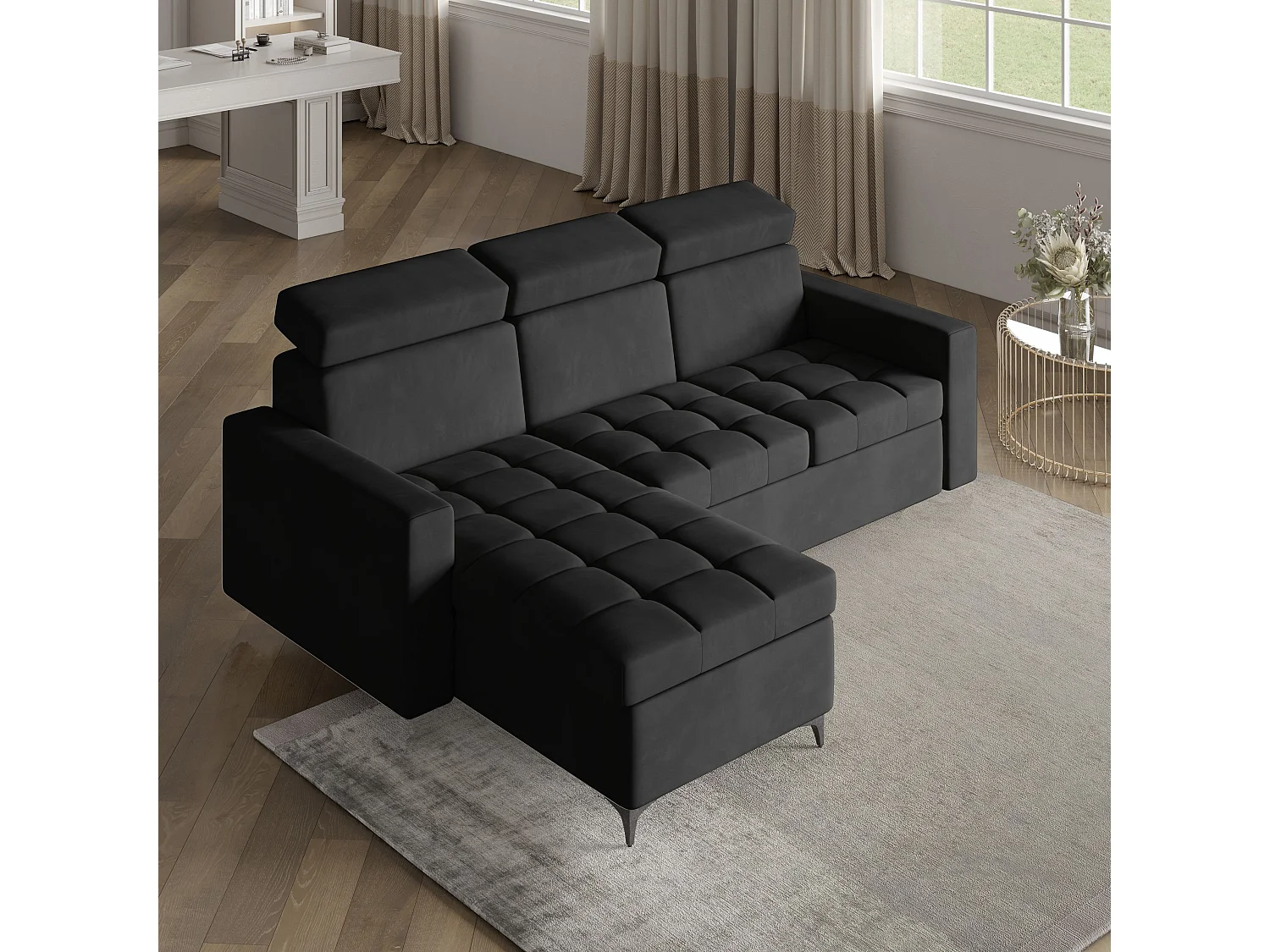 ECKSOFA KAME Schwarz Plüsch-Stoff mit Schlaffunktion