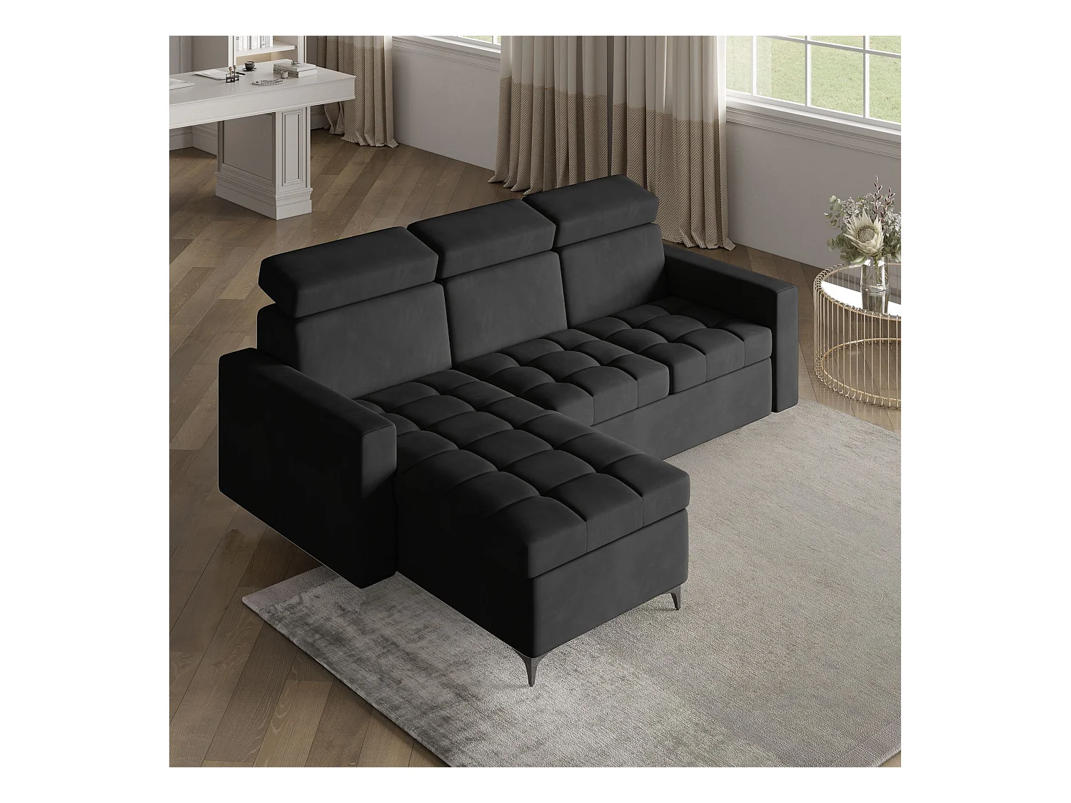 Canapé d'angle KAME Noir en peluche avec fonction de couchage