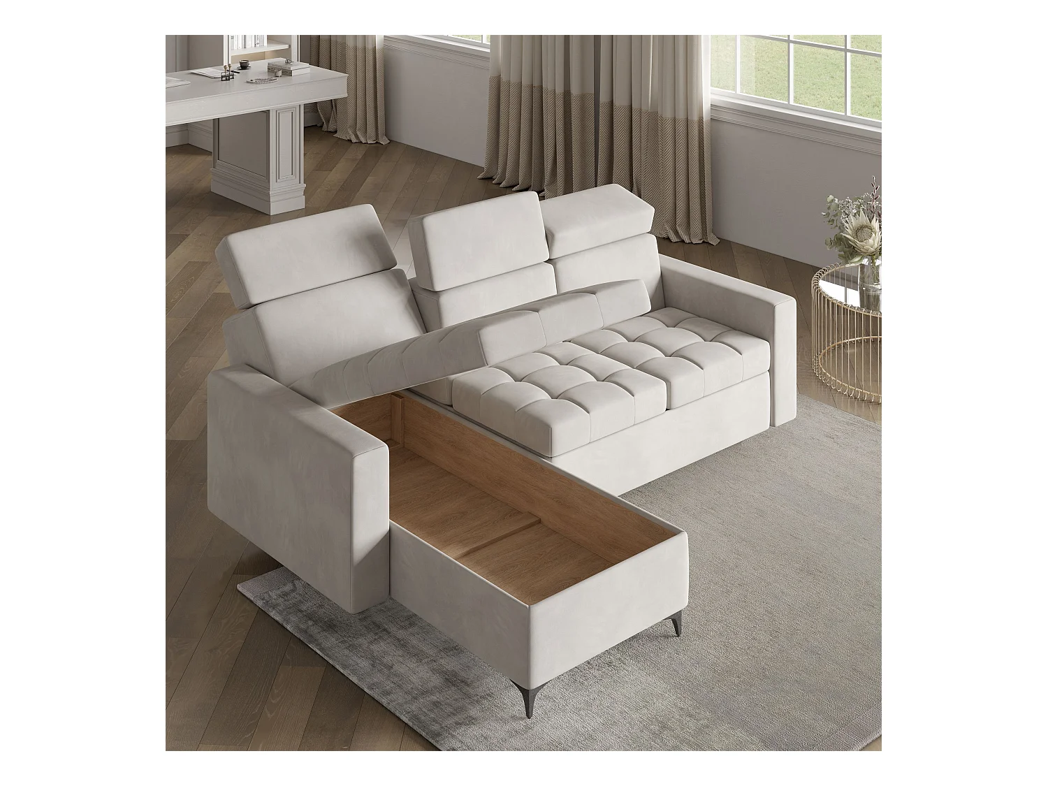 Canapé d'angle KAME Noir en peluche avec fonction de couchage