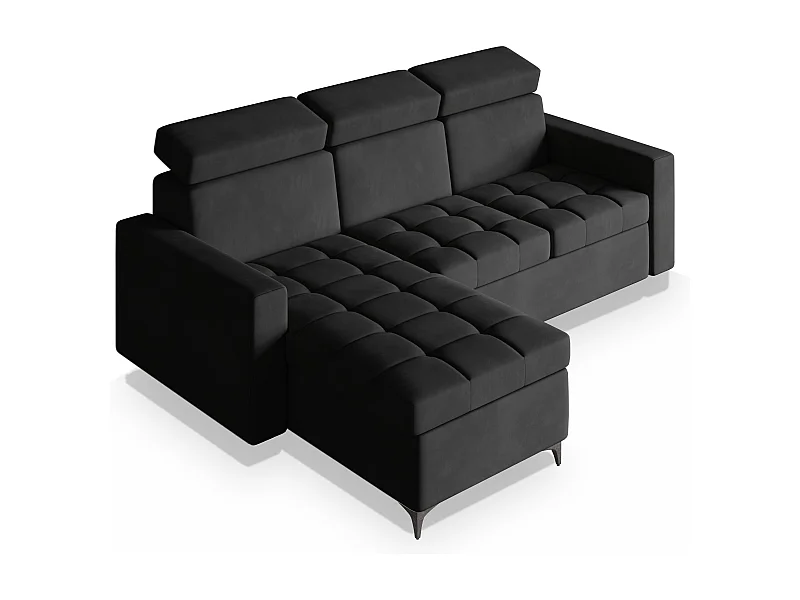 Canapé d'angle KAME Noir en peluche avec fonction de couchage