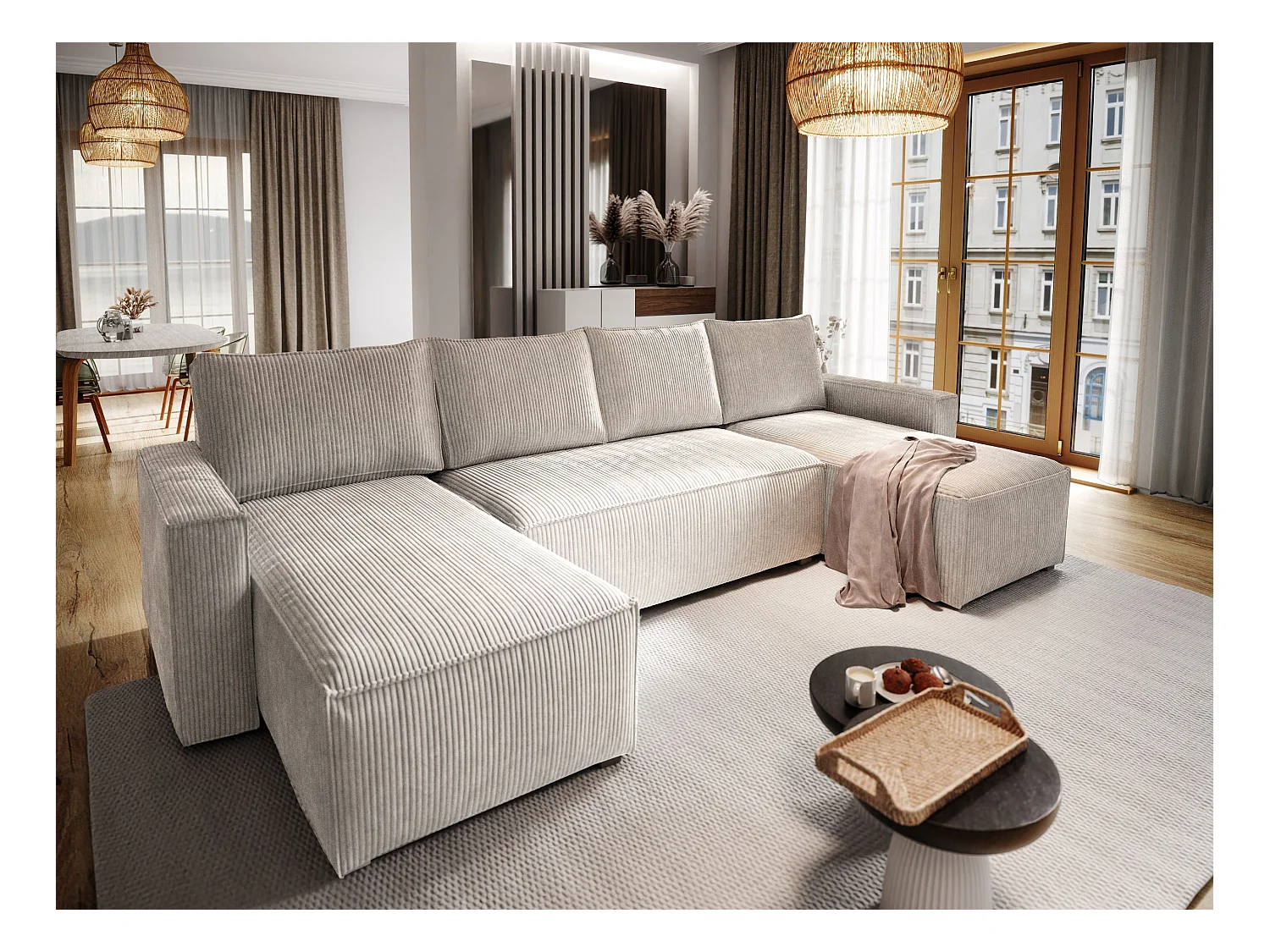 Canapé d'angle ASPRA Crème en velours côtelé avec fonction de couchage