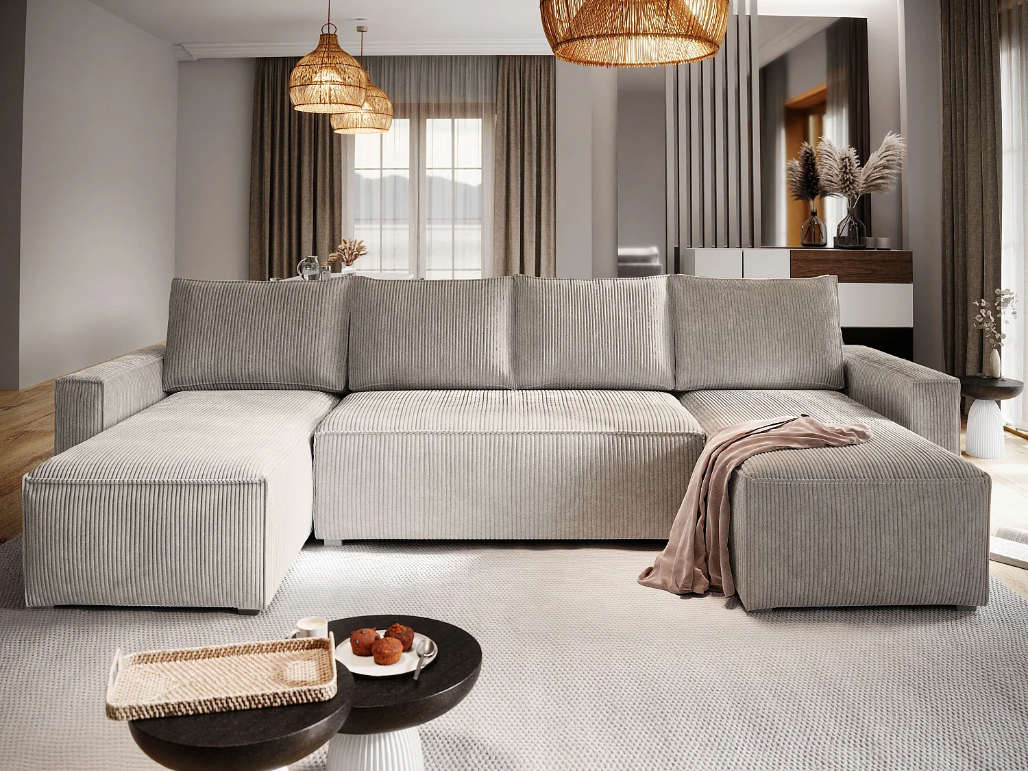 Canapé d'angle ASPRA Crème en velours côtelé avec fonction de couchage