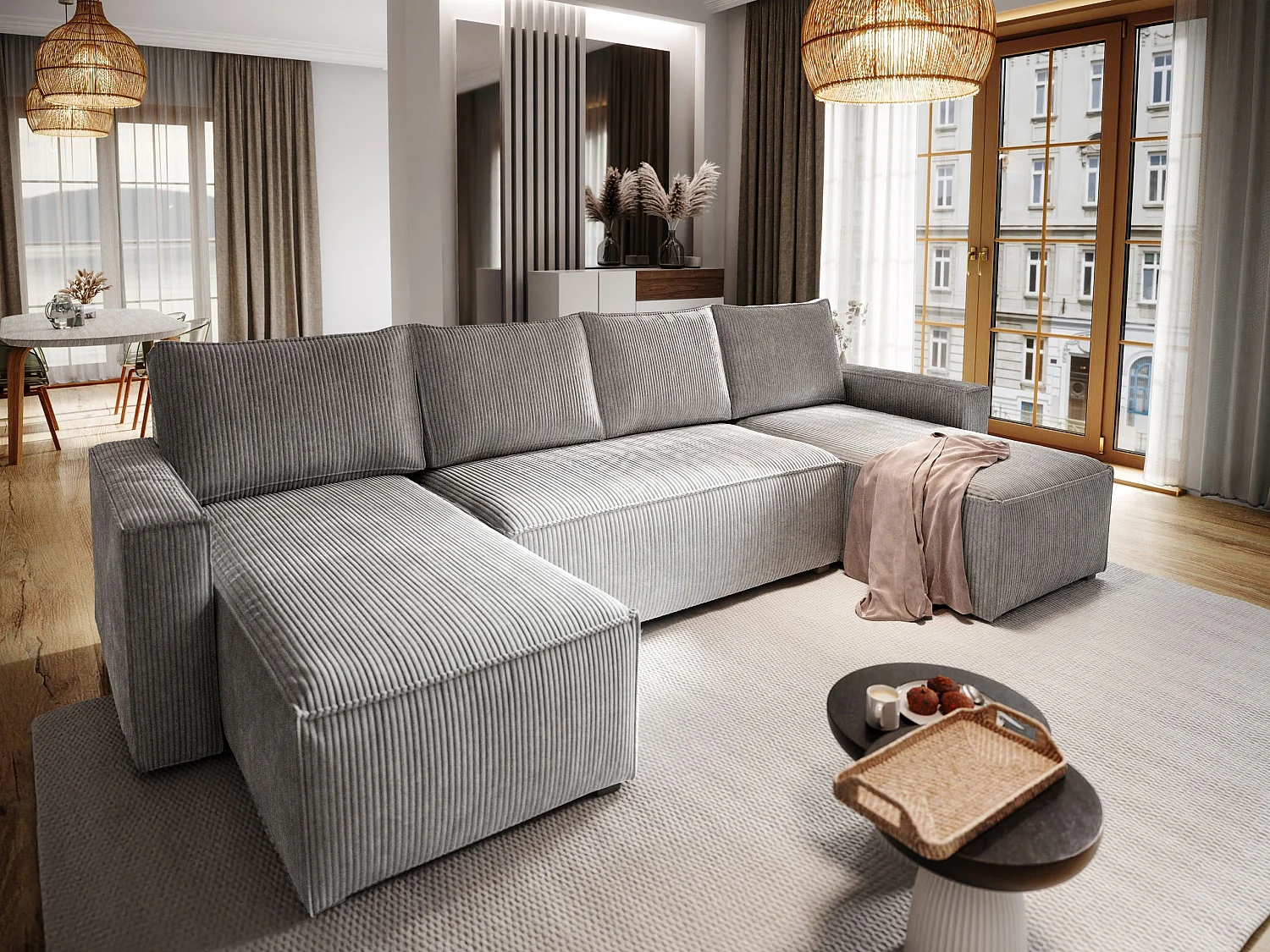 Canapé d'angle ASPRA Gris clair en velours côtelé avec fonction de couchage