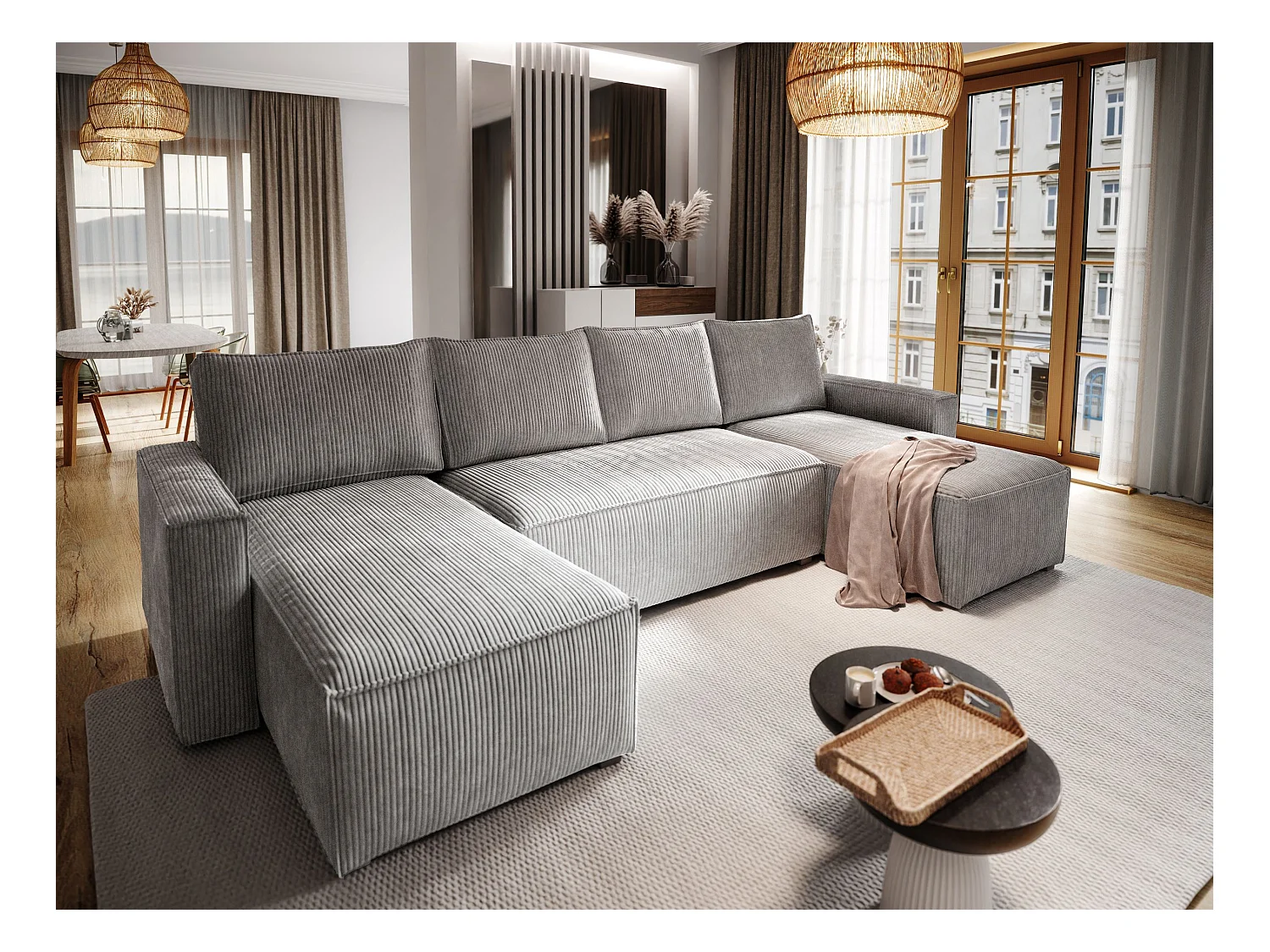 Canapé d'angle ASPRA Gris clair en velours côtelé avec fonction de couchage