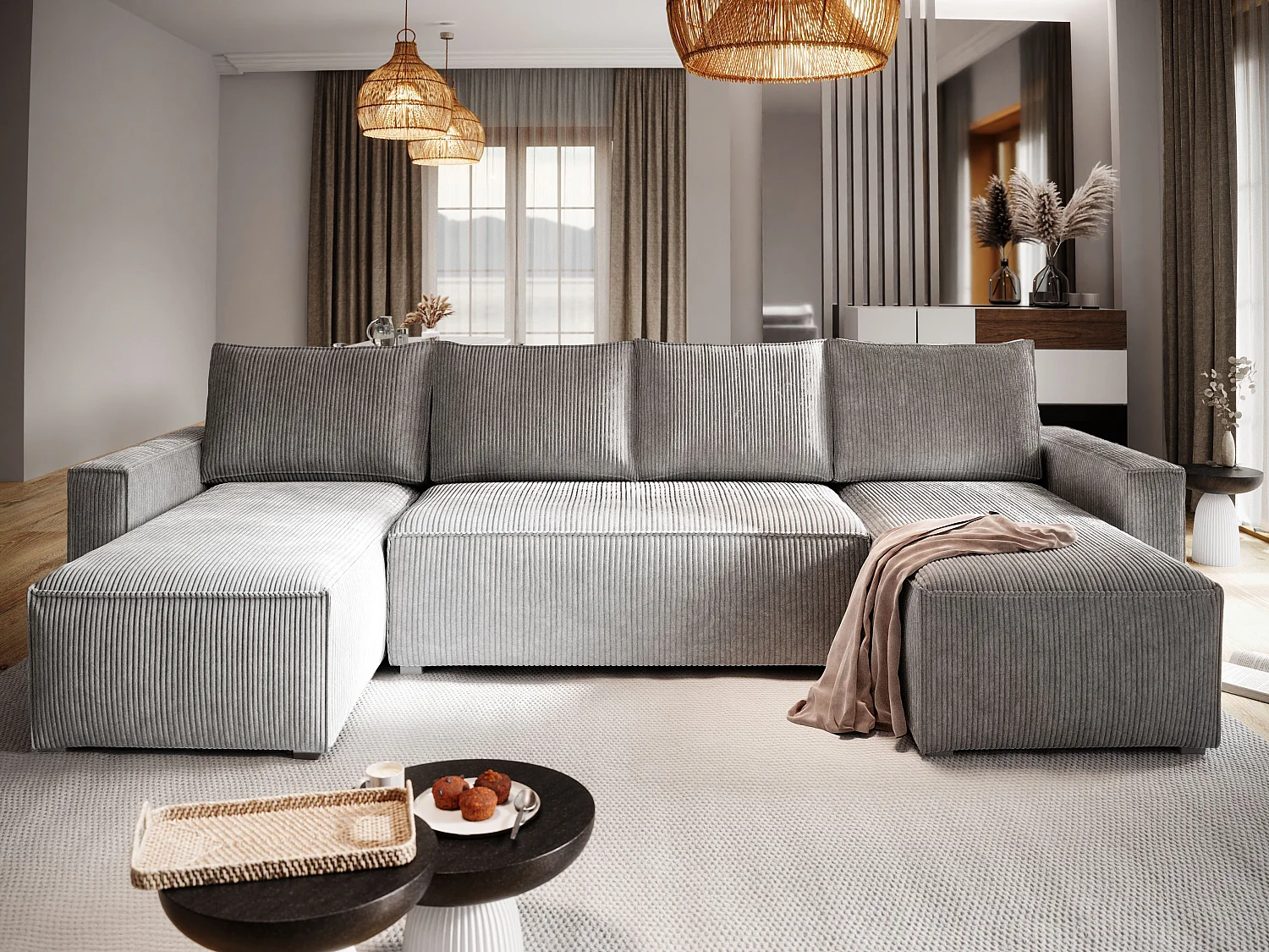 Canapé d'angle ASPRA Gris clair en velours côtelé avec fonction de couchage