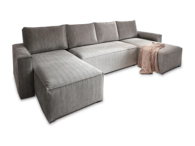 Canapé d'angle ASPRA Gris clair en velours côtelé avec fonction de couchage