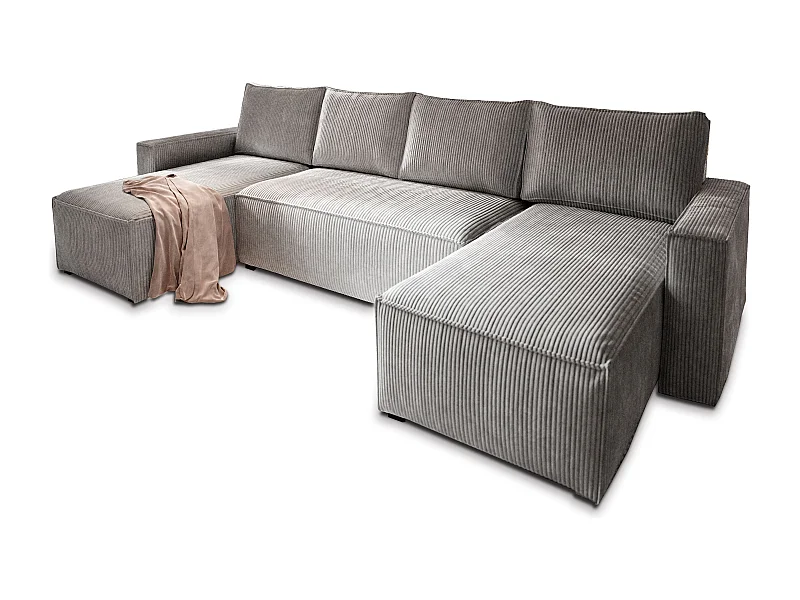 Canapé d'angle ASPRA Gris clair en velours côtelé avec fonction de couchage