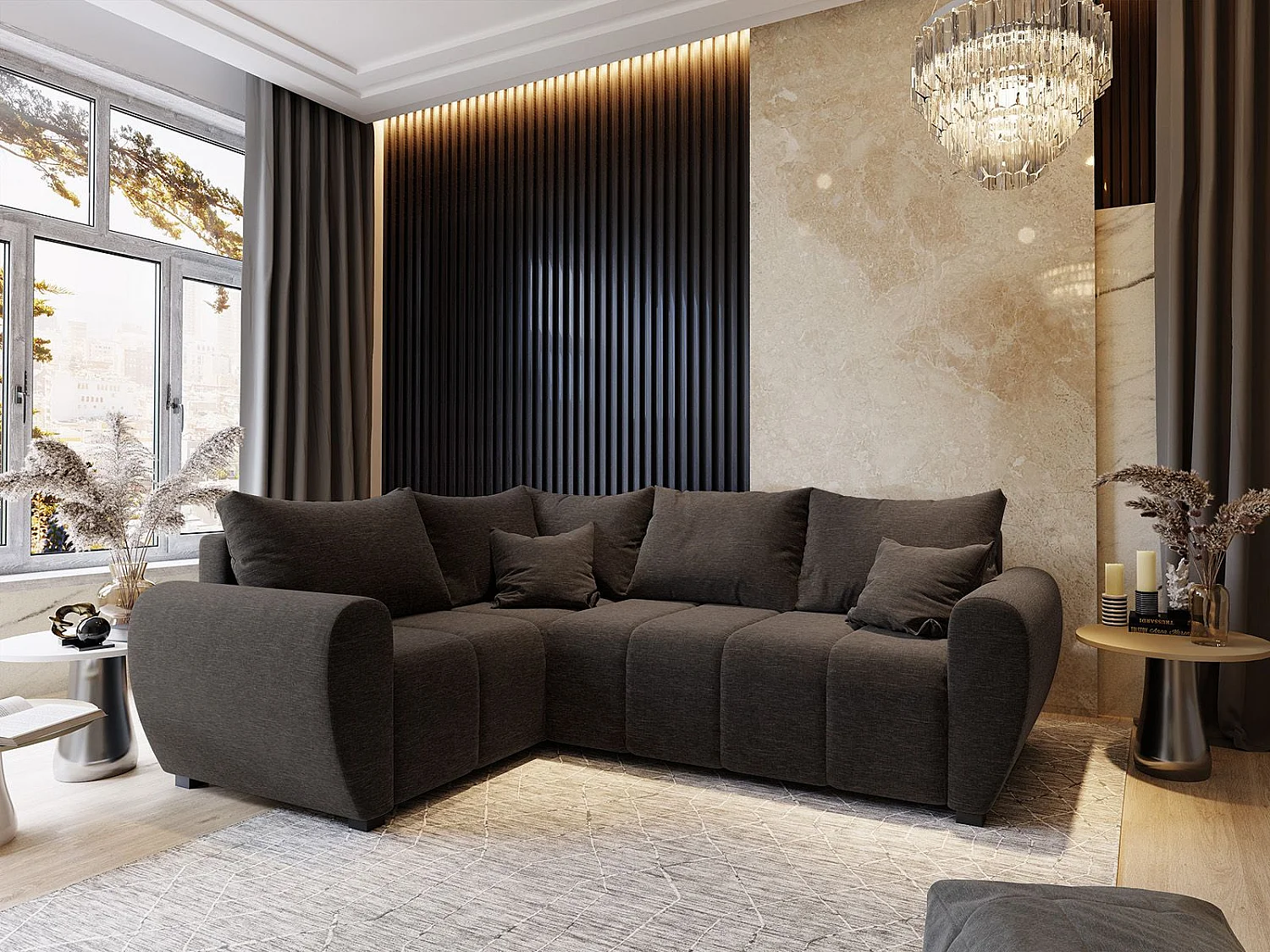 Canapé d'angle MADISON Marron en tissu texturé avec fonction de couchage