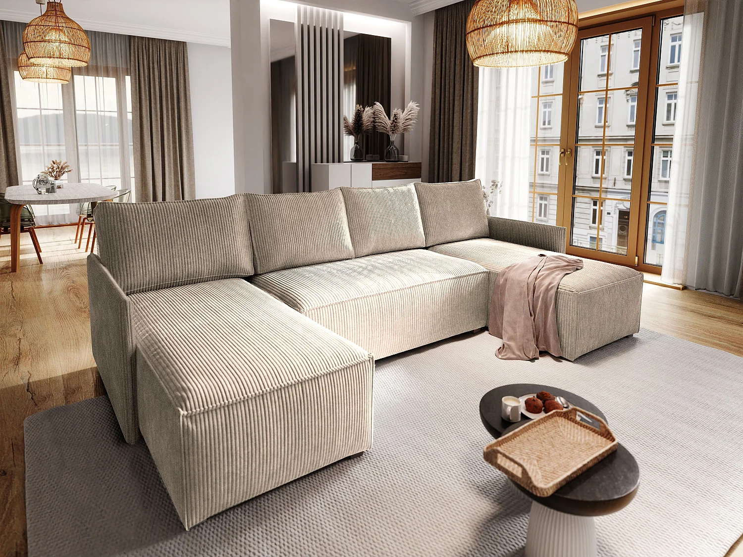 Canapé d'angle TRES Beige en velours côtelé avec fonction de couchage