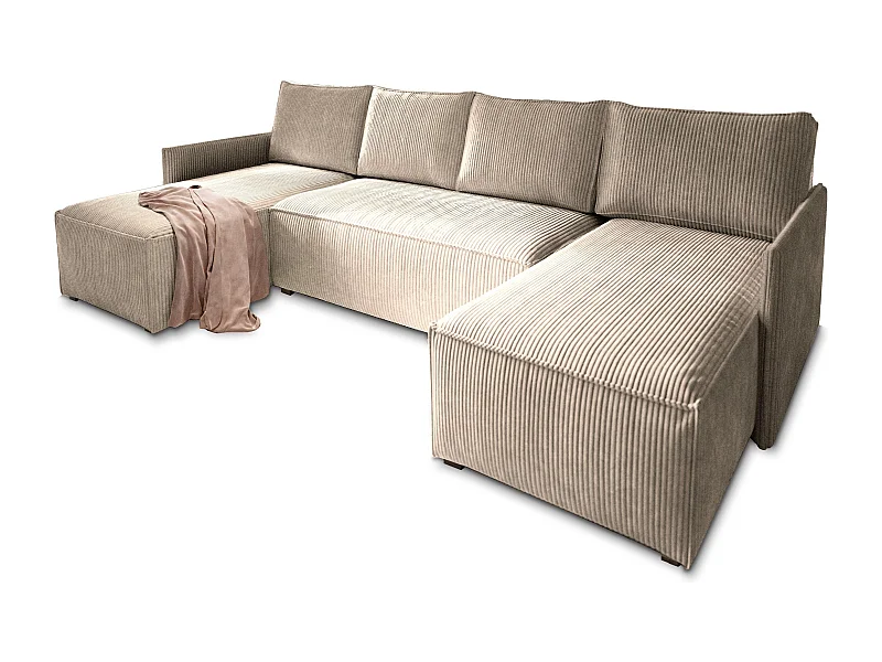 Canapé d'angle TRES Beige en velours côtelé avec fonction de couchage