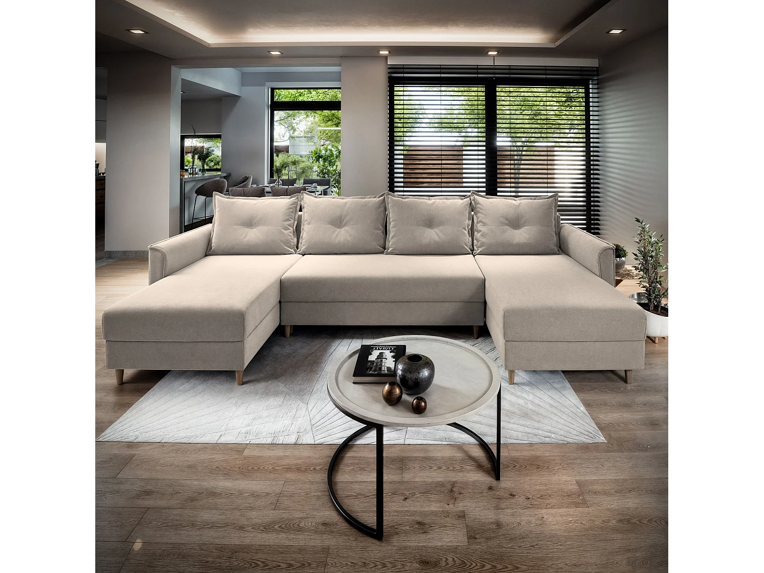 Canapé d'angle VERNI Beige en peluche avec fonction de couchage