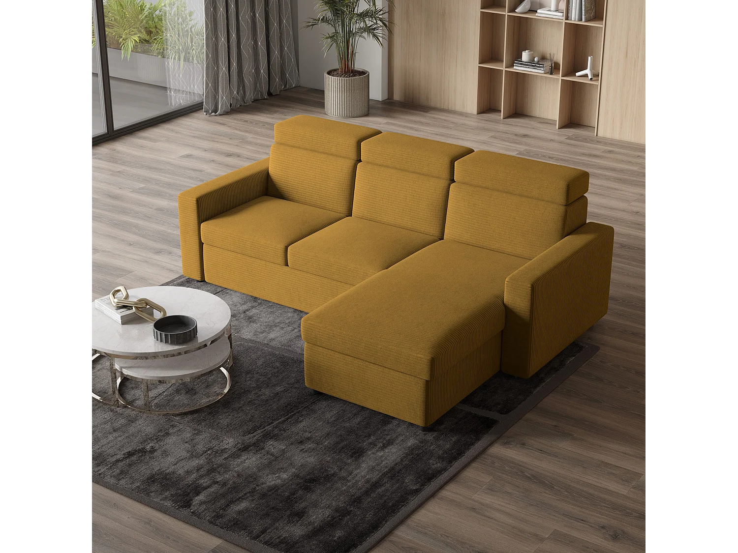 Canapé d'angle PADWA Jaune en velours côtelé avec fonction de couchage