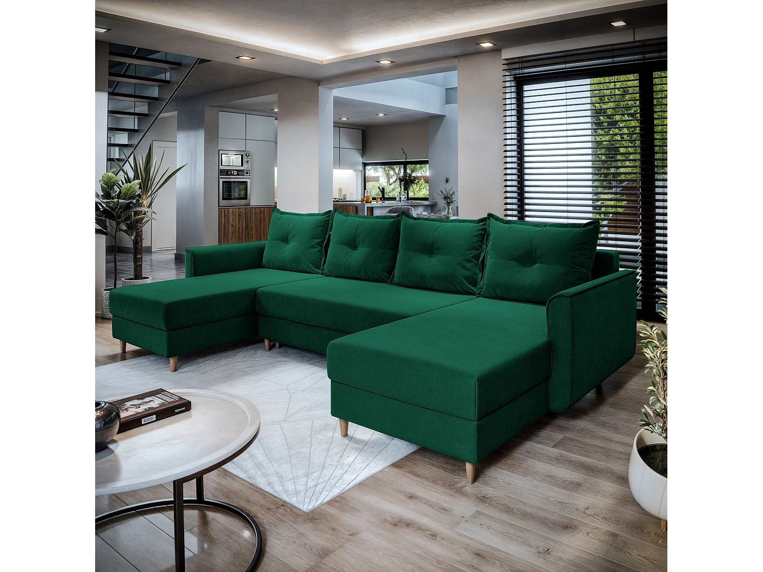 Canapé d'angle VERNI Vert Sapin en peluche avec fonction de couchage