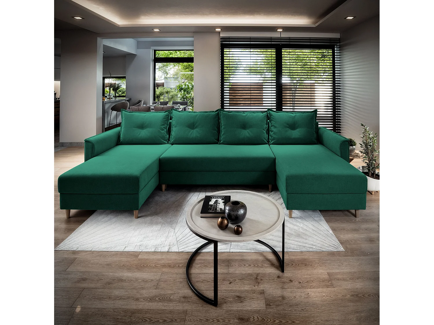 Canapé d'angle VERNI Vert Sapin en peluche avec fonction de couchage