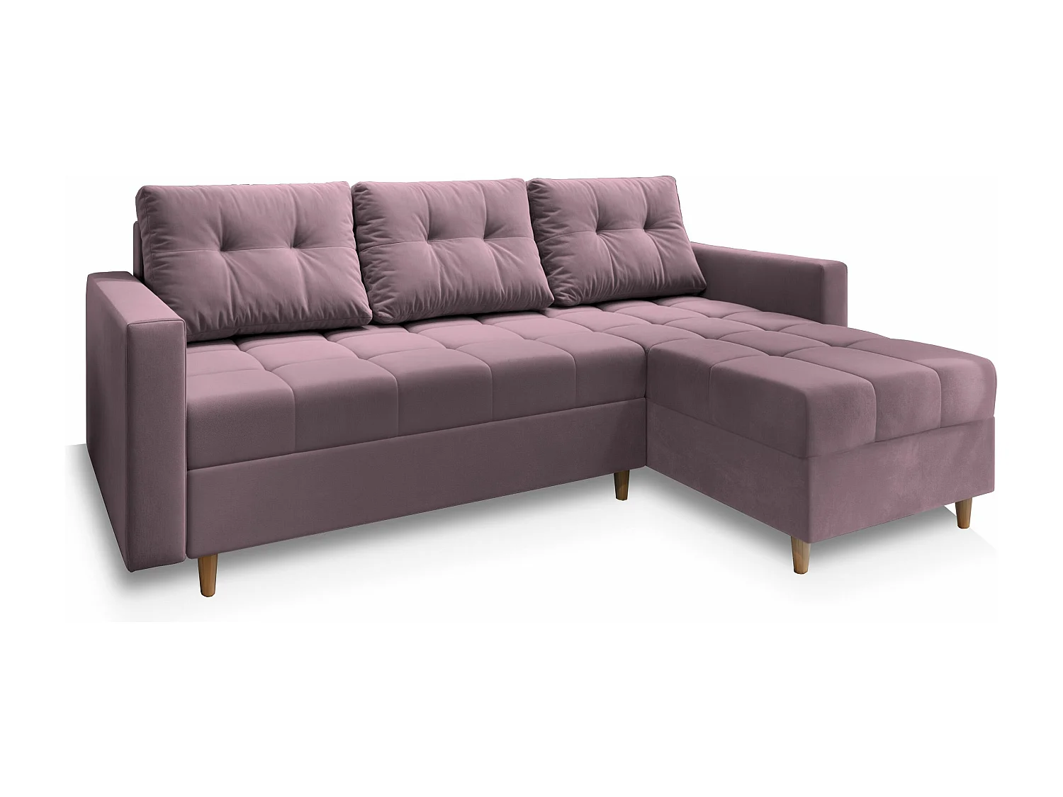 Canapé d'angle MILO Rose poudré en peluche avec fonction de couchage