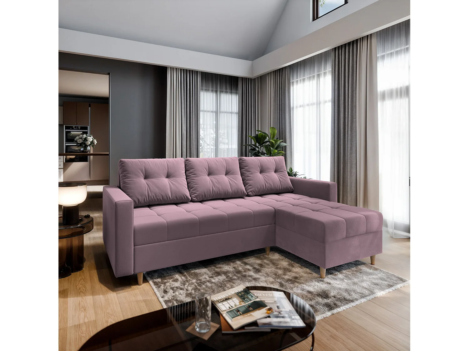 Canapé d'angle MILO Rose poudré en peluche avec fonction de couchage