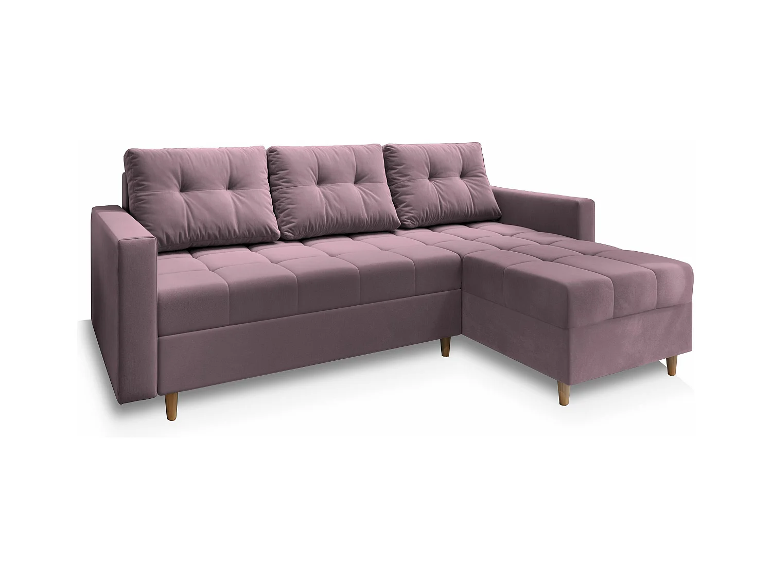 Canapé d'angle MILO Rose poudré en peluche avec fonction de couchage
