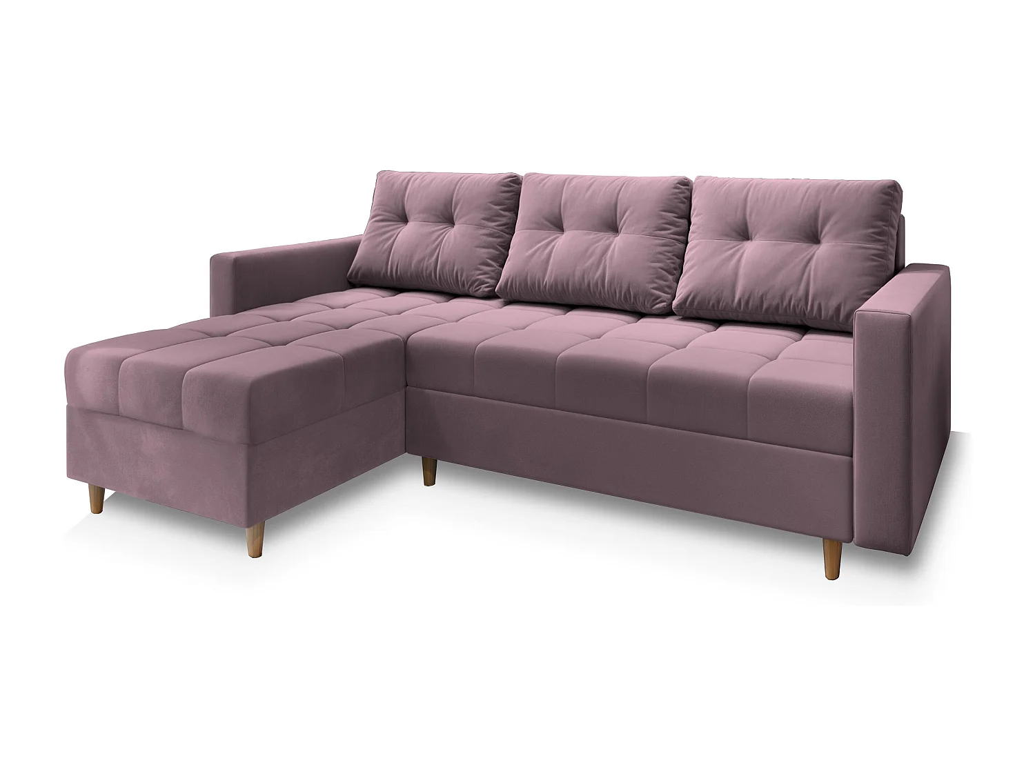 Canapé d'angle MILO Rose poudré en peluche avec fonction de couchage