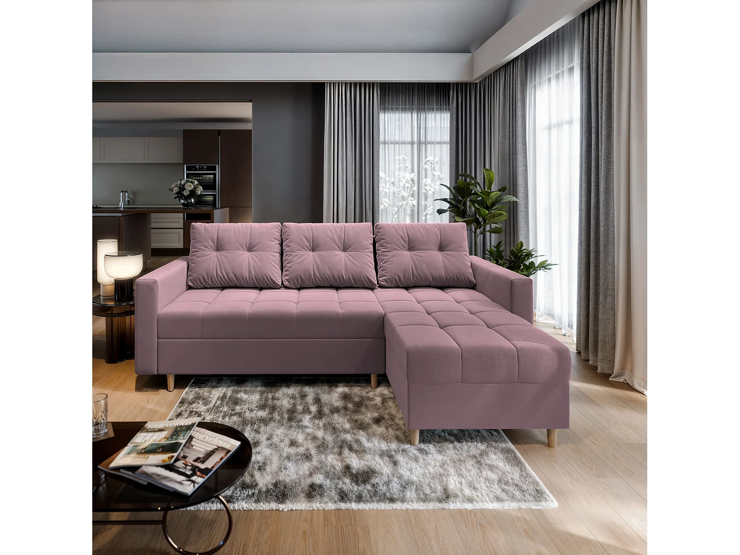 Canapé d'angle MILO Rose poudré en peluche avec fonction de couchage