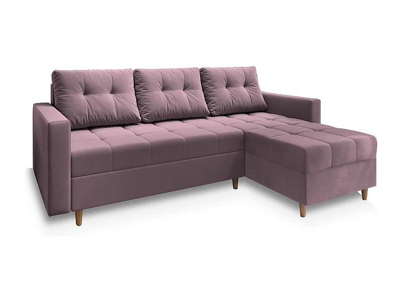 Canapé d'angle MILO Rose poudré en peluche avec fonction de couchage