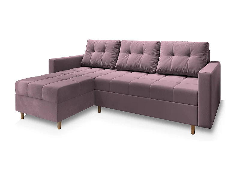 Canapé d'angle MILO Rose poudré en peluche avec fonction de couchage