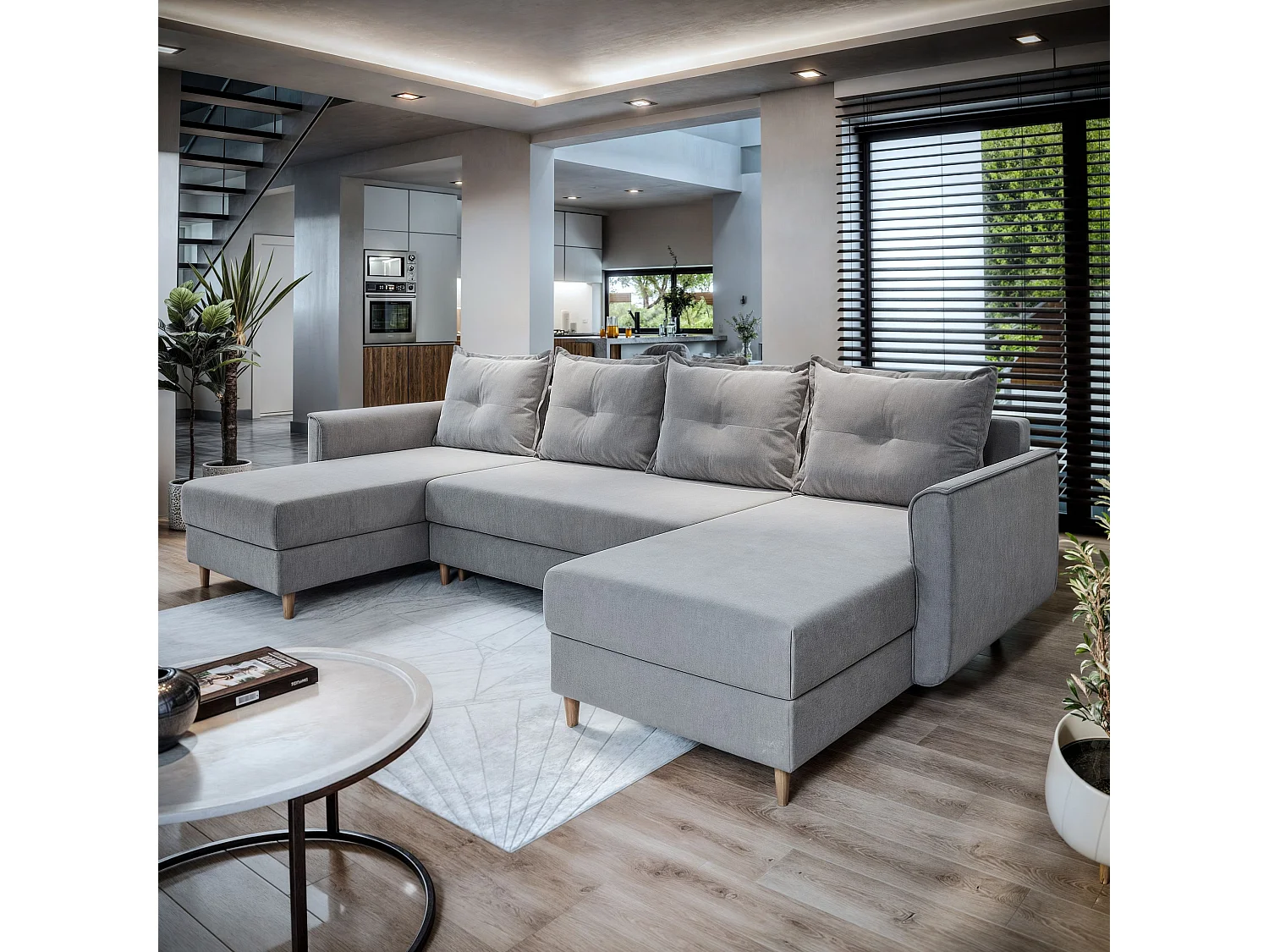 Canapé d'angle VERNI Gris clair en peluche avec fonction de couchage