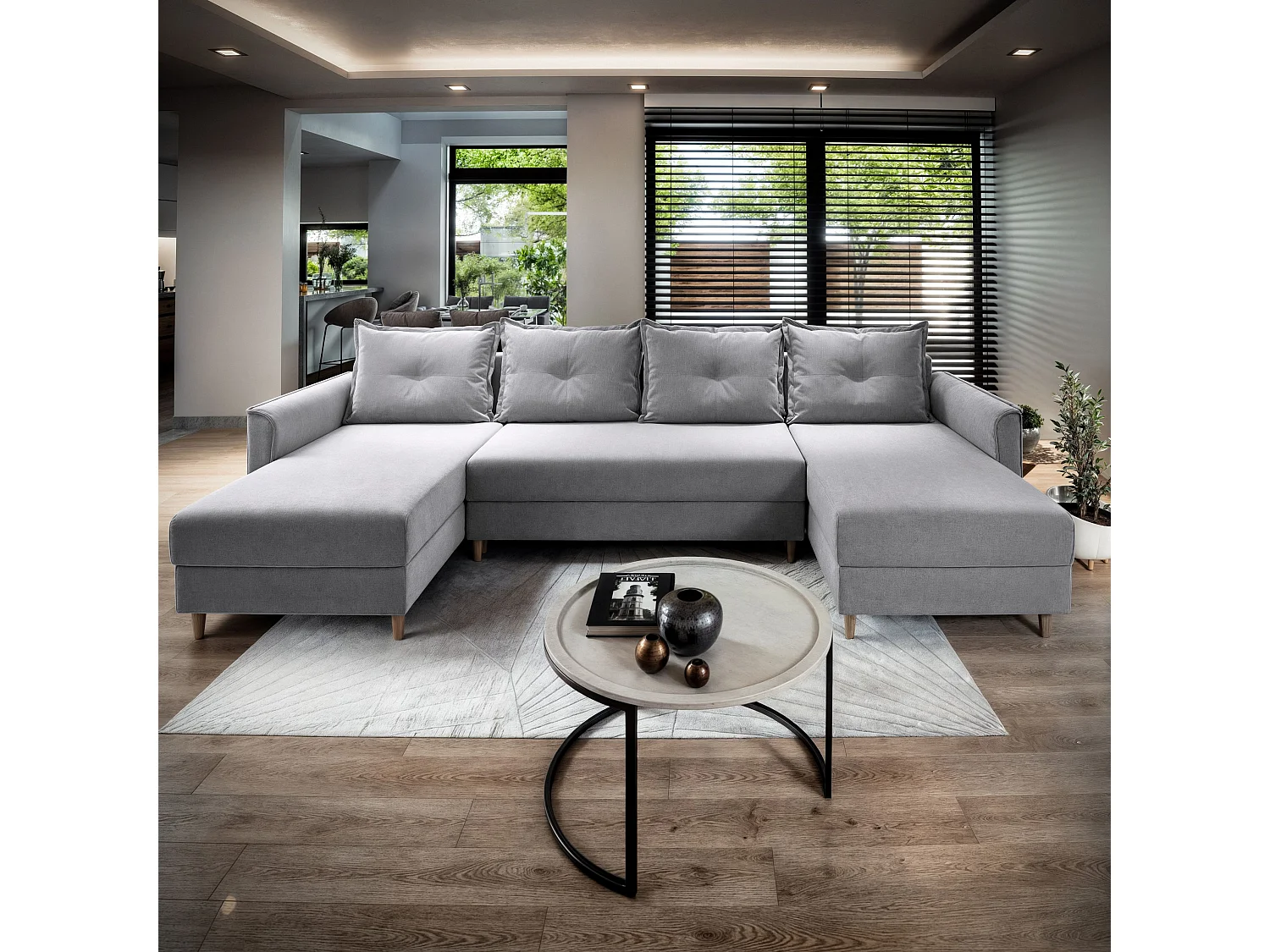 Canapé d'angle VERNI Gris clair en peluche avec fonction de couchage