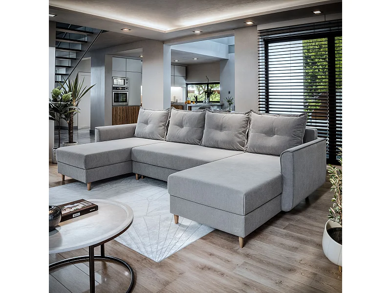 Canapé d'angle VERNI Gris clair en peluche avec fonction de couchage