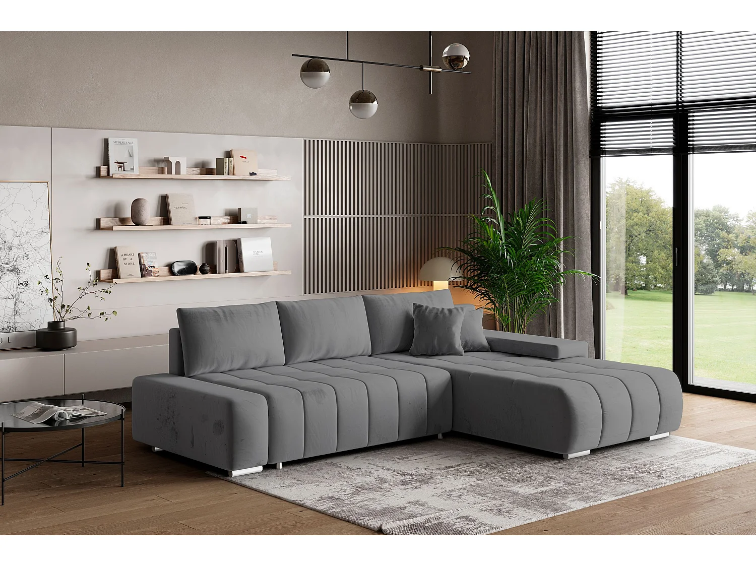 Canapé d'angle ALESE Gris en velours avec fonction de couchage