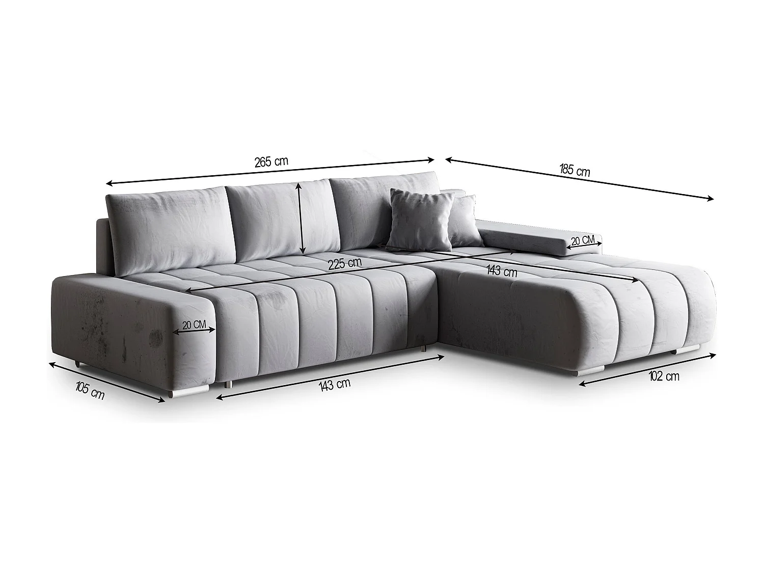 Canapé d'angle ALESE Gris en velours avec fonction de couchage