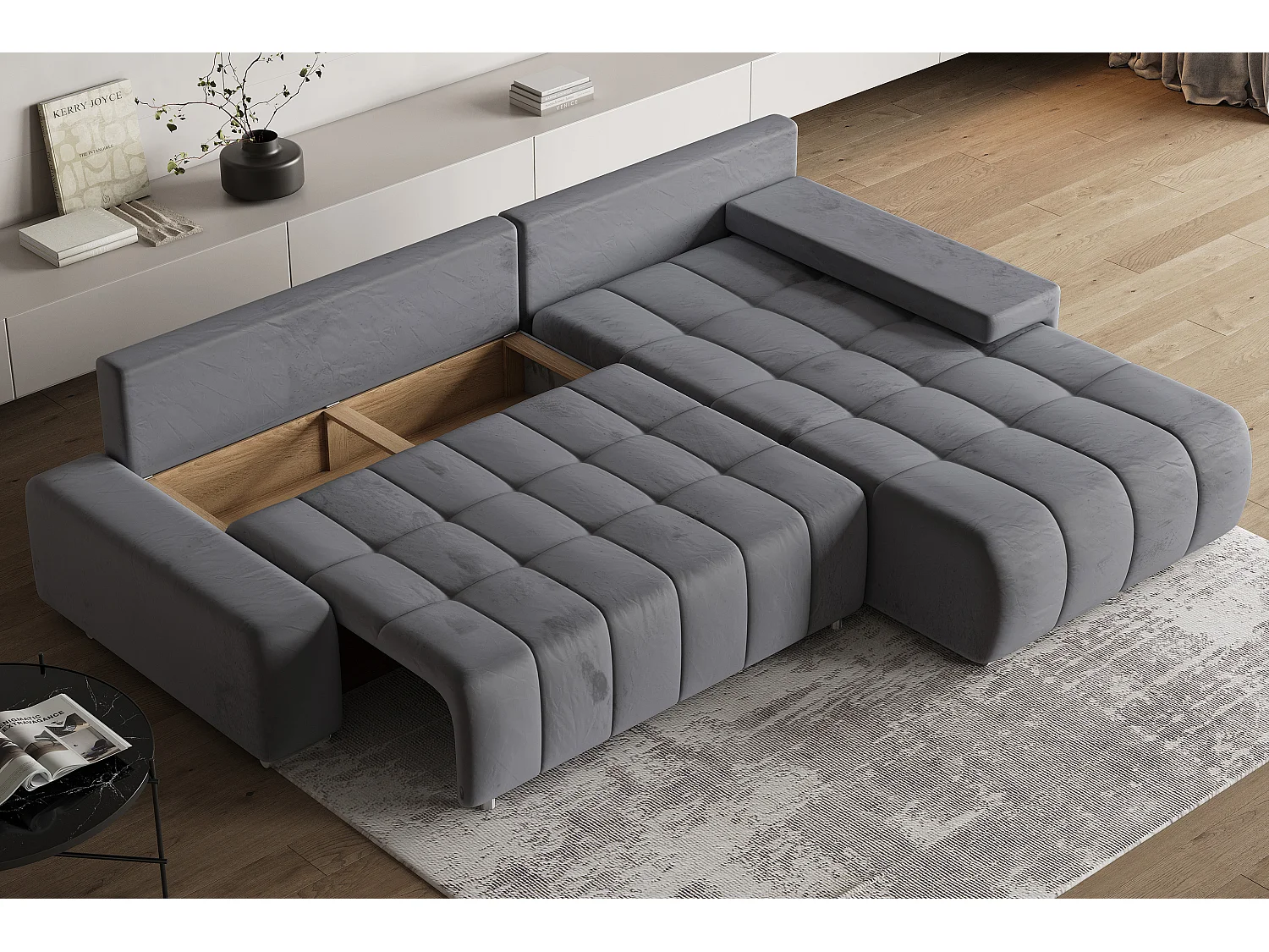 Hoekbank ALESE van fluweel met slaapfunctie Grau