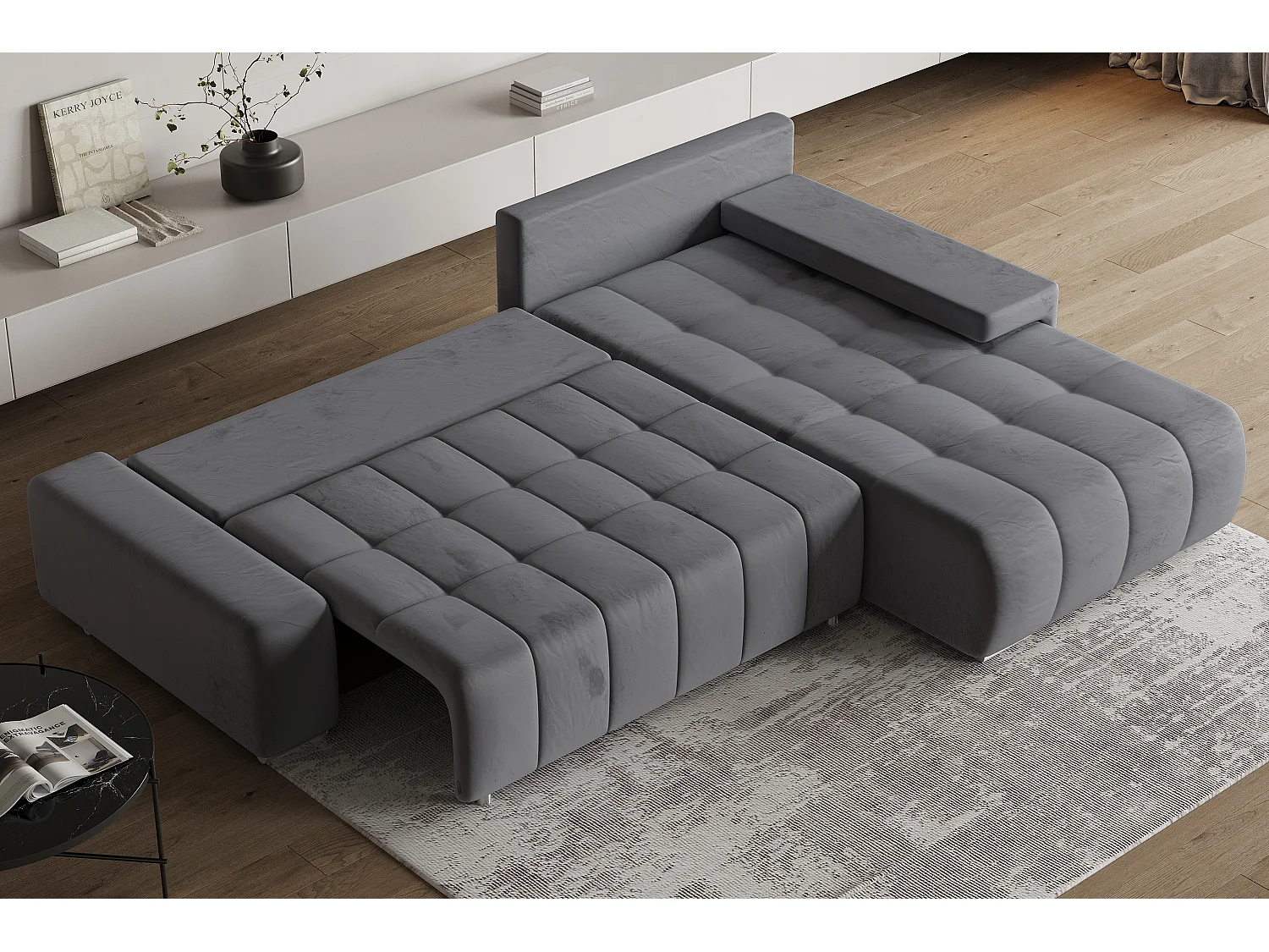 Hoekbank ALESE van fluweel met slaapfunctie Grau