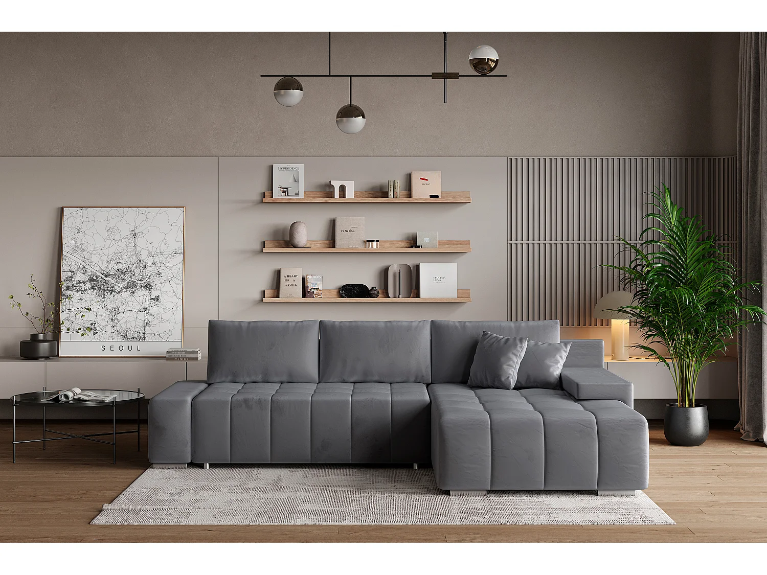 Hoekbank ALESE van fluweel met slaapfunctie Grau