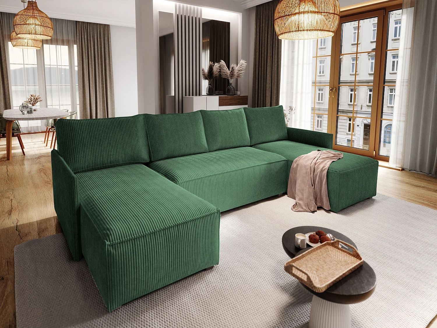 Canapé d'angle TRES Vert Sapin en velours côtelé avec fonction de couchage