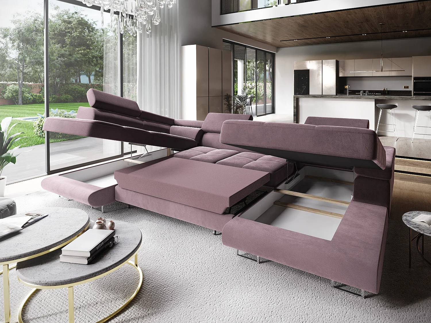 Canapé d'angle CASONE Parme en velours avec fonction de couchage