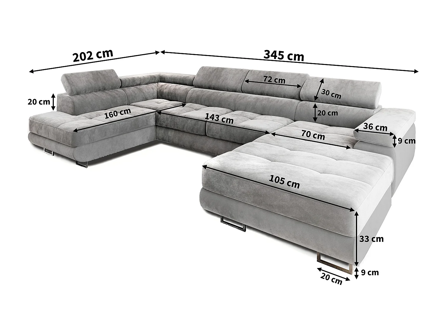 Canapé d'angle CASONE Parme en velours avec fonction de couchage