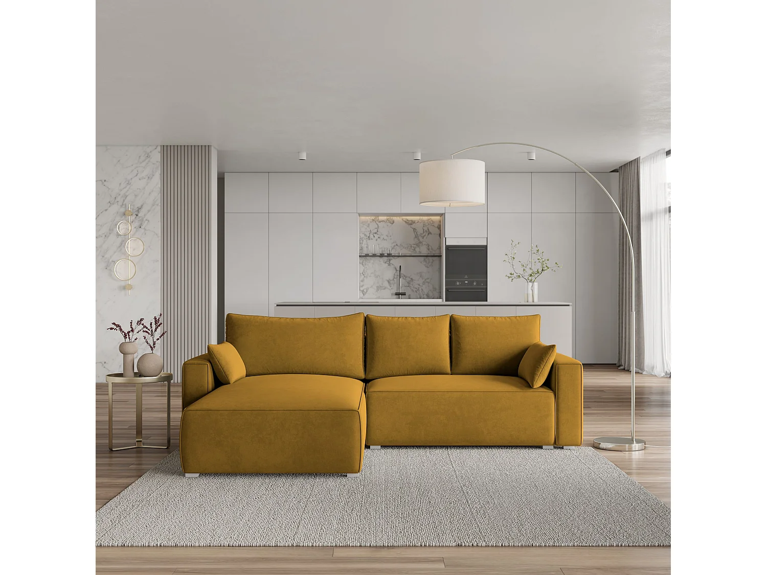 Canapé d'angle FORIL Jaune en velours avec fonction de couchage