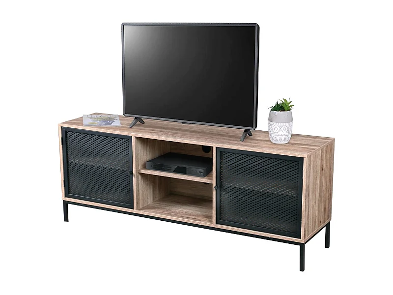 Houten tv-meubel met zwart metalen gaas - 2 vakken, afmetingen 150x40xH60 cm - Collectie METALIX