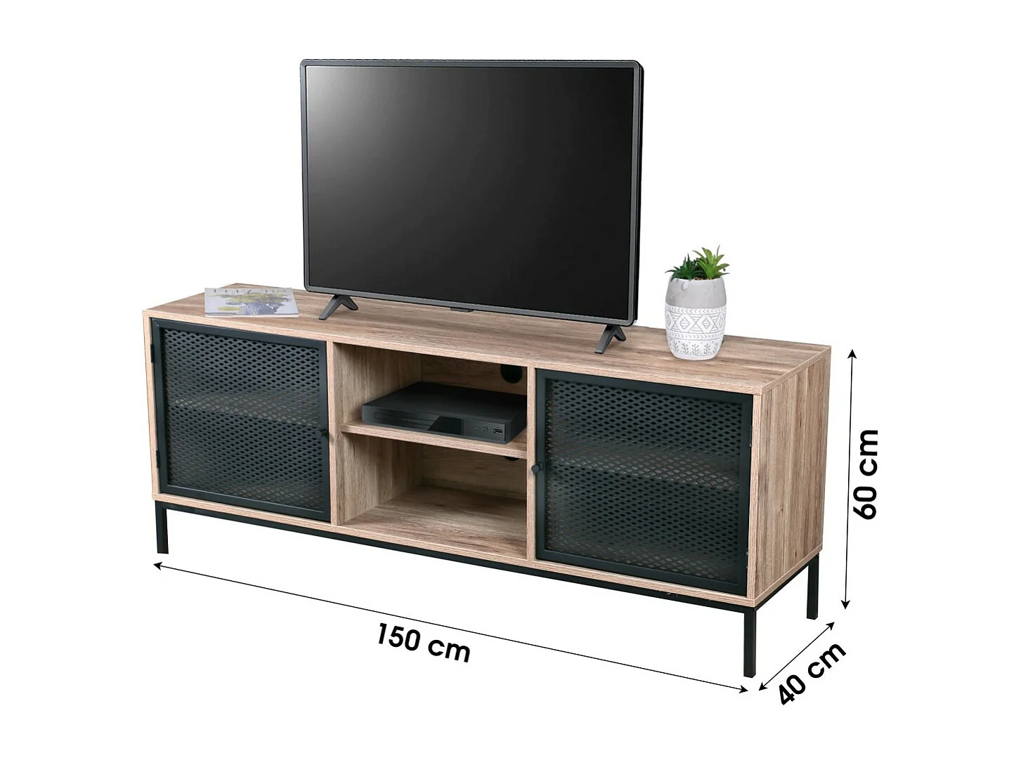 TV-Möbel aus Holz mit schwarzem Metallgitter – 2 Fächer, Maße 150x40xH60 cm – Kollektion METALIX