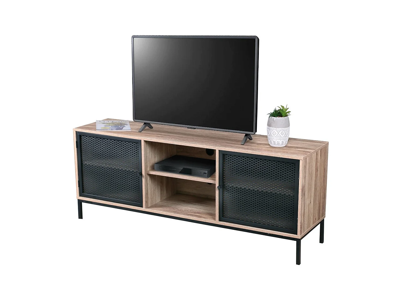 Meuble TV en bois avec grillage en métal noir – 2 niches, dimensions 150x40xH60 cm – Collection METALIX