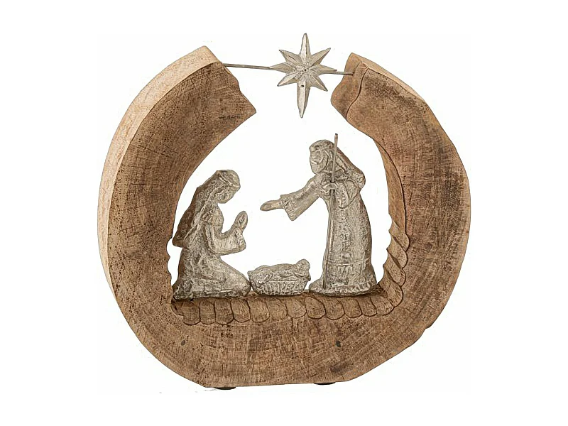 Pesebre de Navidad de aluminio y madera natural de 36x6.5x34 cm