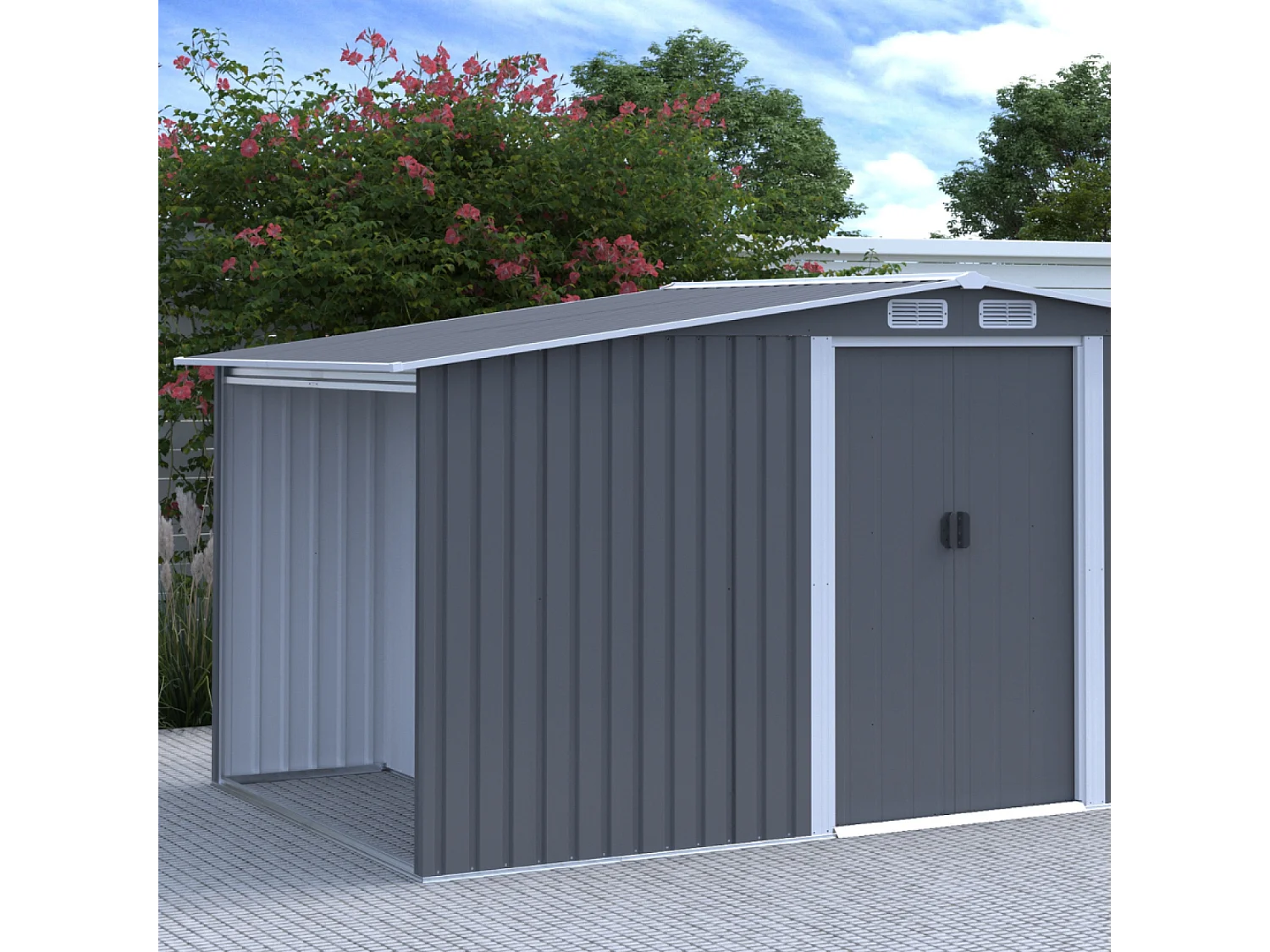 Abrigo de Jardim VOSGES 6,87m2 com Abrigo para Lenha Cinza Claro e Branco