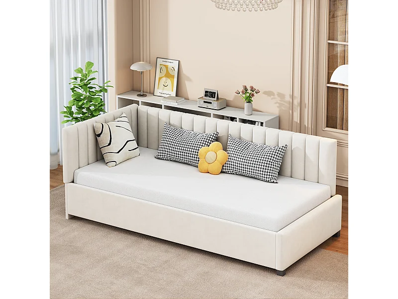 Canapé-lit rembourré 90*200, Lit multifonctionnel avec sommier à lattes, Tissu velours, Beige